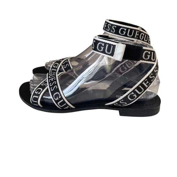 Guess Black White Logo Ankle Strap Flat Sandals Casual Summer Trendy Size 7M - Picture 4 of 13